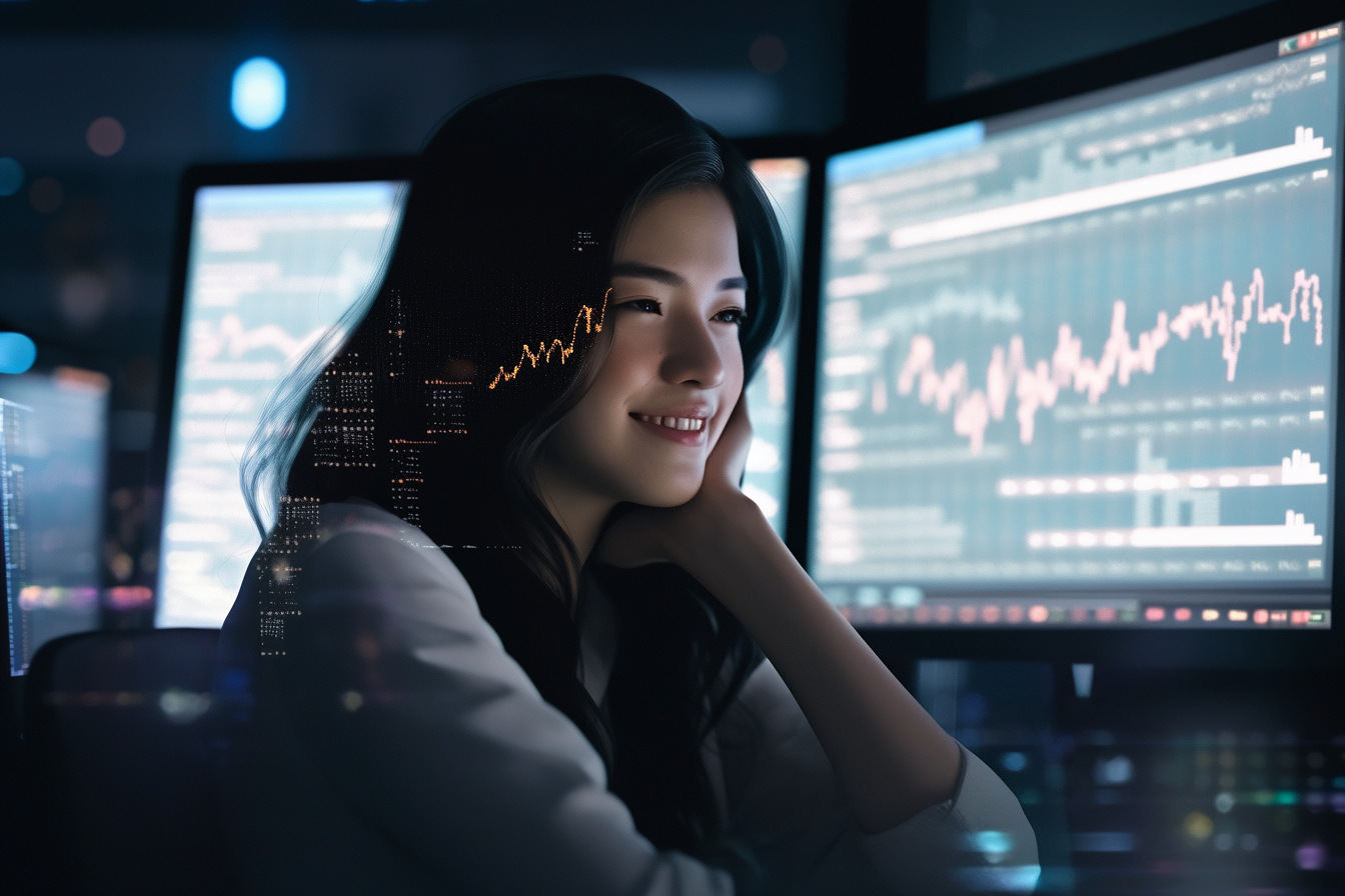 Young woman smiling and contemplating in front of computer monitors displaying financial graphs