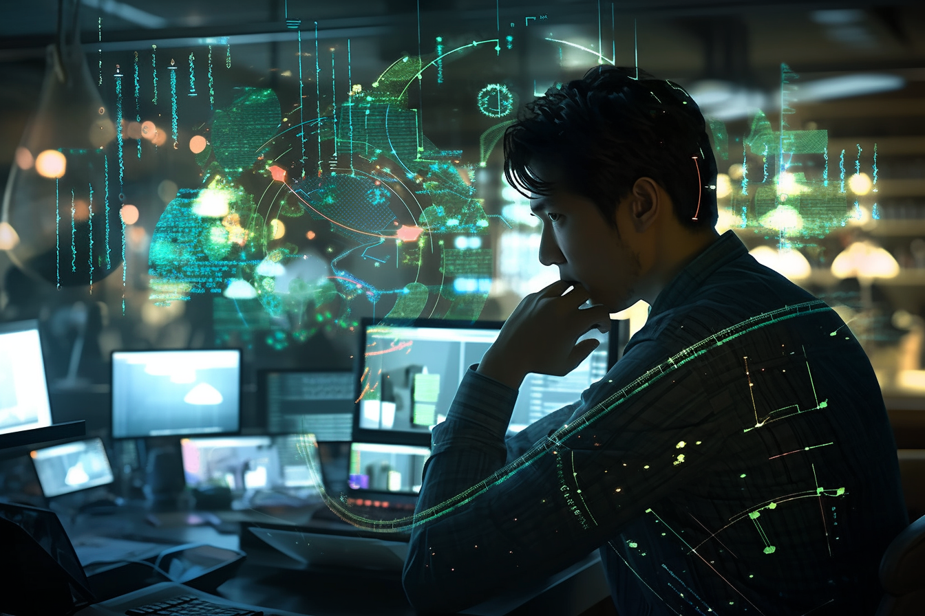 Thoughtful man analyzing holographic digital data and network diagrams in a high-tech workspace surrounded by computer screens.