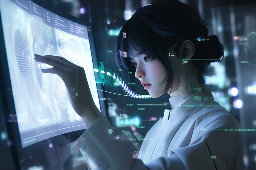 Focused woman in a white lab coat interacting with a futuristic holographic display, showing intricate data and waveforms, in a dimly lit environment.