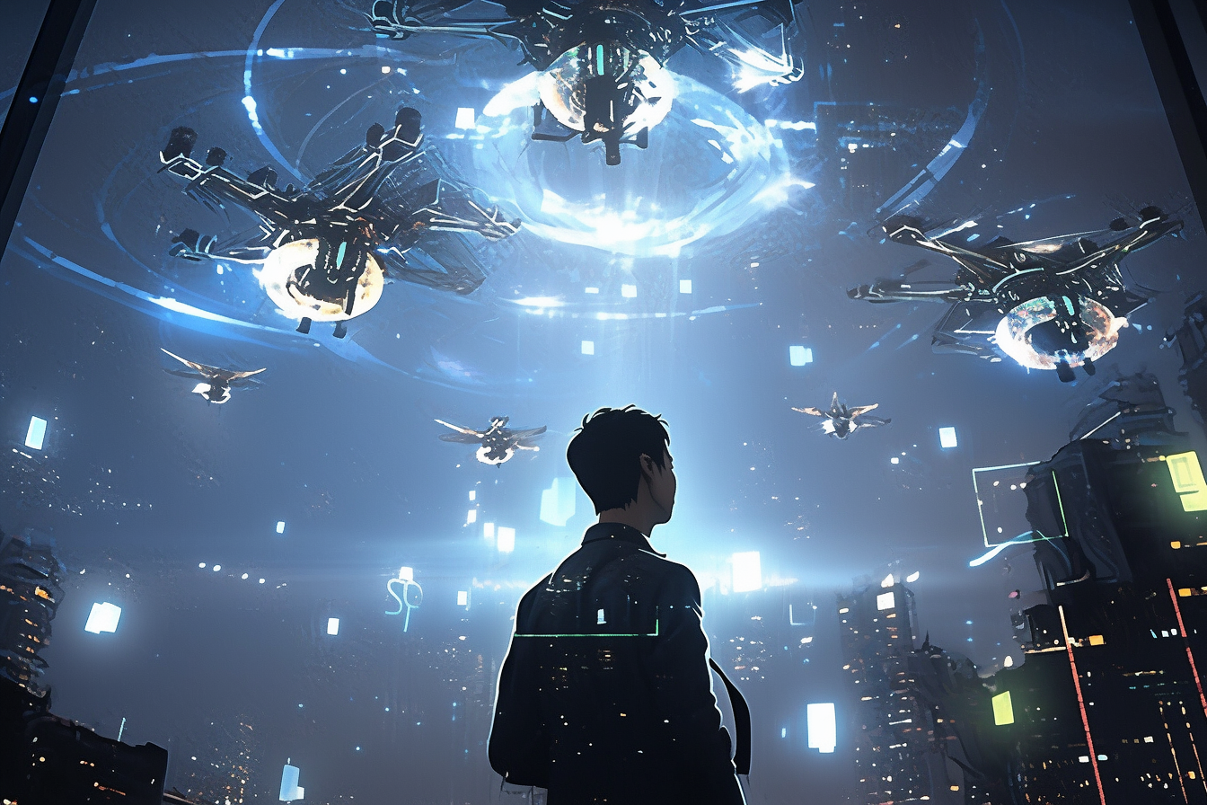A person standing and gazing up at a futuristic cityscape at night, with hovering drones and other high-tech vehicles flying overhead. The city is illuminated by bright lights, and a large holographic projection shines prominently in the sky.