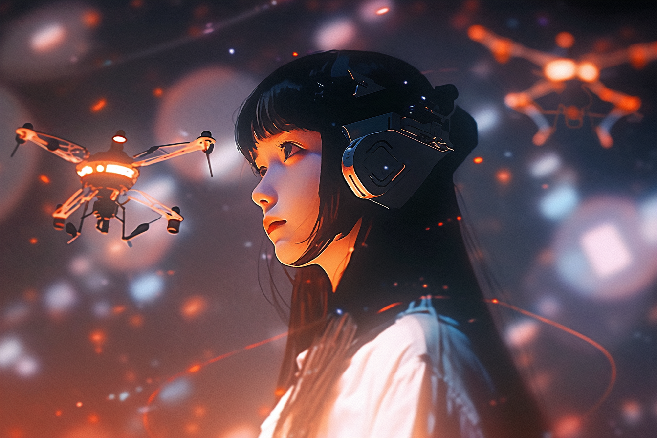 A close-up of a young woman with dark hair and high-tech headphones. She is gazing intently towards the left. Around her, luminous drones hover in a reddish-glowing atmosphere, filled with particles of light. The scene gives a sense of a futuristic or sci-fi setting.